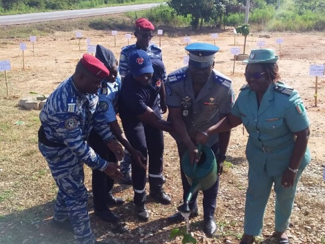 TOUMODI : 100 PLANTS DE TECK MIS EN TERRE PAR DES OFFICIERS DE LA CEDEAO ET DES POMPIERS CIVILS